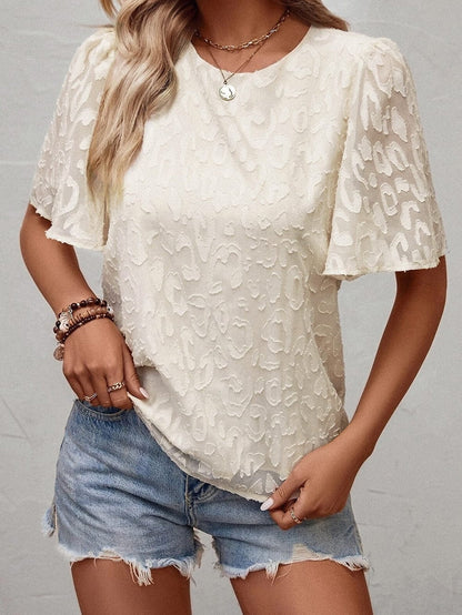 Elegant Beige Jacquard Blouse with Butterfly Sleeves