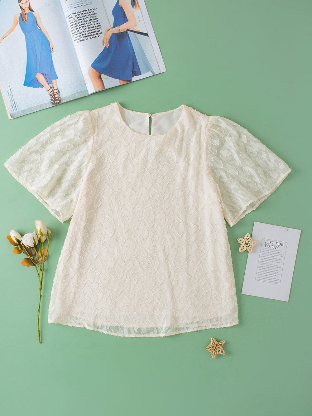 Elegant Beige Jacquard Blouse with Butterfly Sleeves