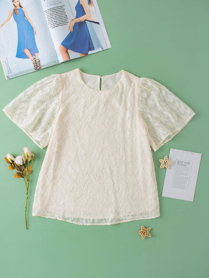 Elegant Beige Jacquard Blouse with Butterfly Sleeves