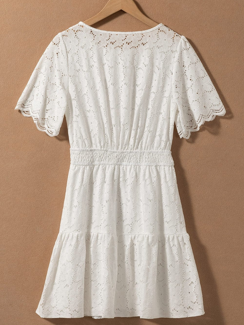 Elegant Beige Lace Crochet Short Sleeve A-Line Mini Dress