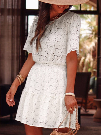 Elegant Beige Lace Crochet Short Sleeve A-Line Mini Dress