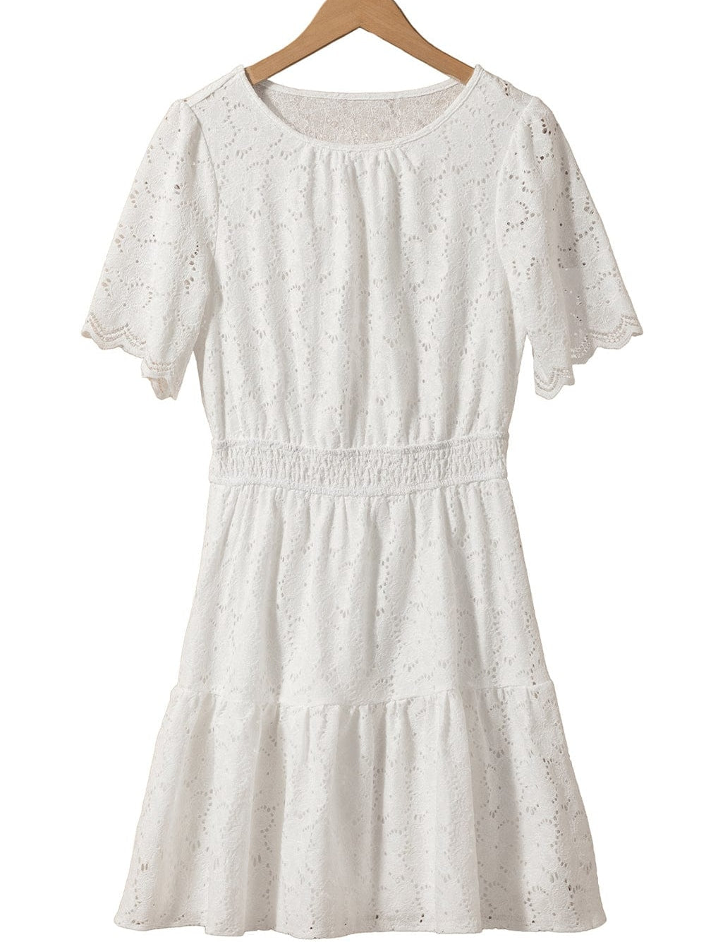 Elegant Beige Lace Crochet Short Sleeve A-Line Mini Dress