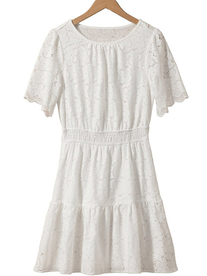 Elegant Beige Lace Crochet Short Sleeve A-Line Mini Dress