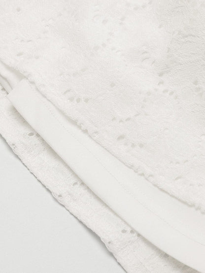 Elegant Beige Lace Crochet Short Sleeve A-Line Mini Dress