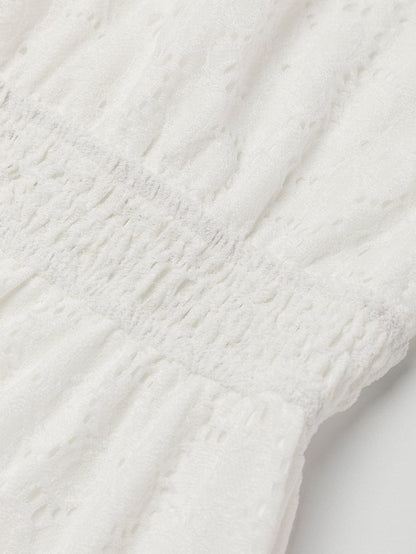 Elegant Beige Lace Crochet Short Sleeve A-Line Mini Dress