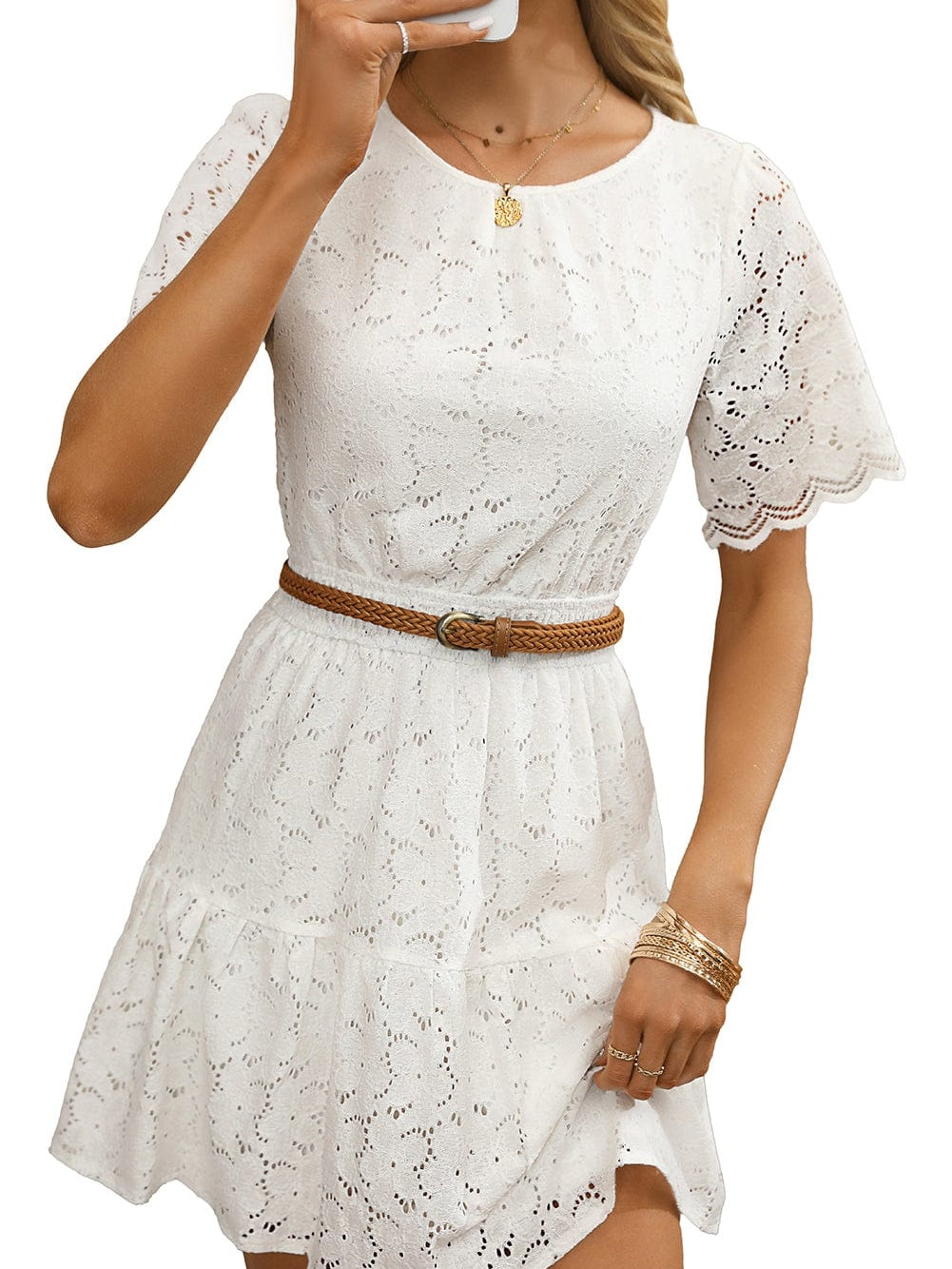 Elegant Beige Lace Crochet Short Sleeve A-Line Mini Dress