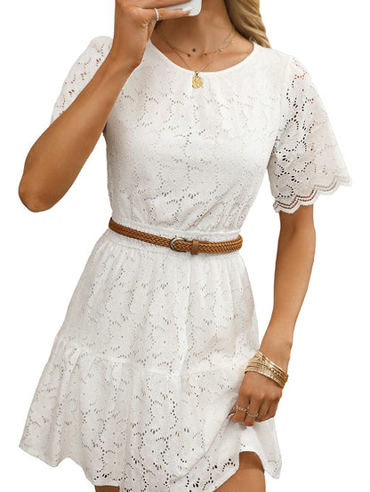 Elegant Beige Lace Crochet Short Sleeve A-Line Mini Dress