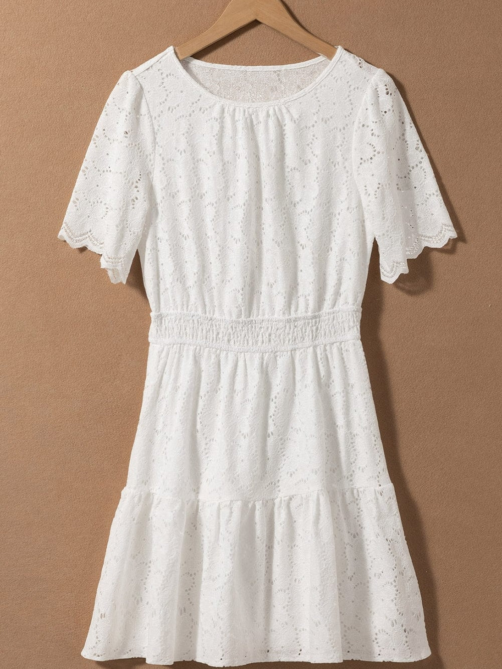 Elegant Beige Lace Crochet Short Sleeve A-Line Mini Dress