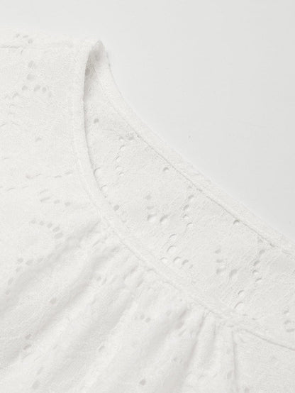 Elegant Beige Lace Crochet Short Sleeve A-Line Mini Dress