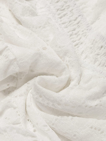 Elegant Beige Lace Crochet Short Sleeve A-Line Mini Dress