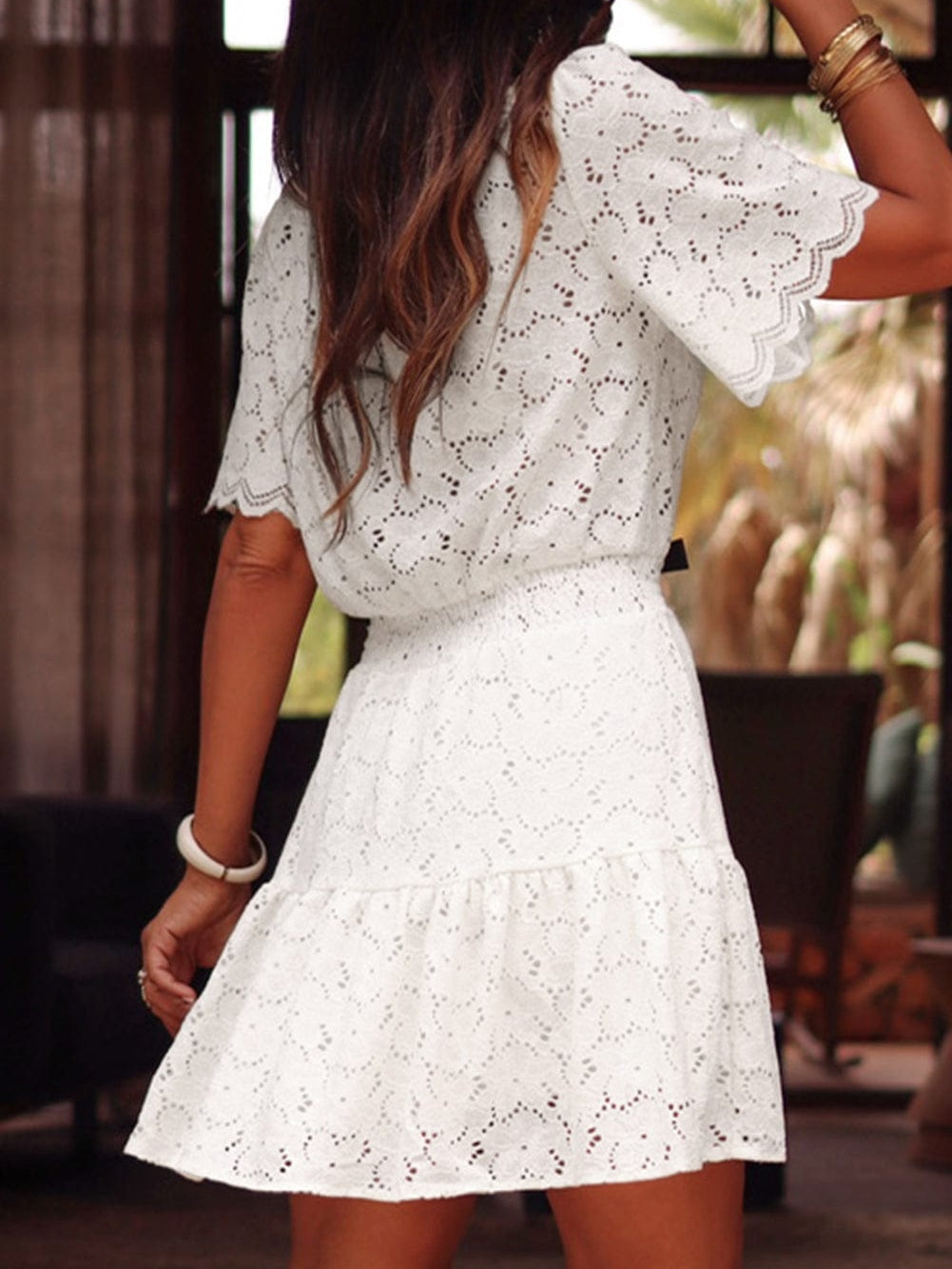 Elegant Beige Lace Crochet Short Sleeve A-Line Mini Dress
