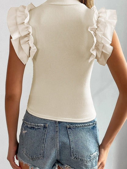 Elegant Beige Ribbed Blouse with Ruffle Flutter Sleeves