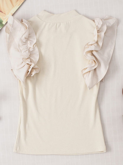 Elegant Beige Ribbed Blouse with Ruffle Flutter Sleeves