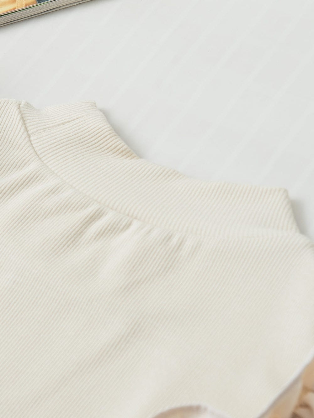 Elegant Beige Ribbed Blouse with Ruffle Flutter Sleeves