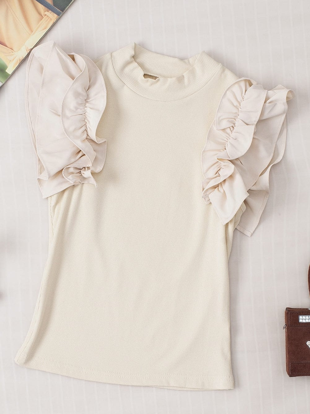Elegant Beige Ribbed Blouse with Ruffle Flutter Sleeves