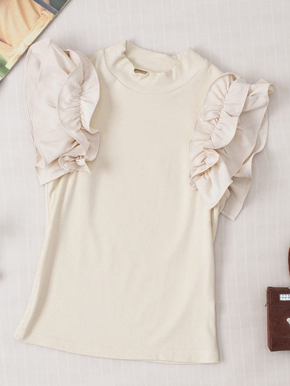 Elegant Beige Ribbed Blouse with Ruffle Flutter Sleeves