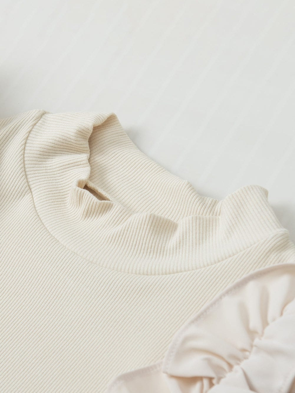 Elegant Beige Ribbed Blouse with Ruffle Flutter Sleeves