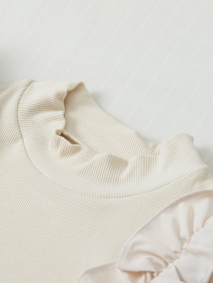 Elegant Beige Ribbed Blouse with Ruffle Flutter Sleeves