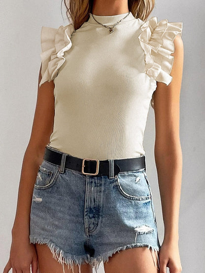 Elegant Beige Ribbed Blouse with Ruffle Flutter Sleeves