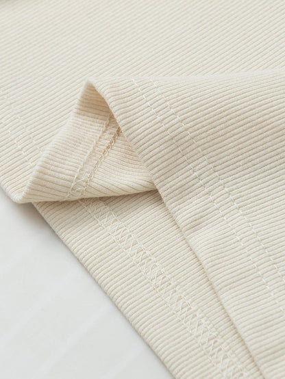 Elegant Beige Ribbed Blouse with Ruffle Flutter Sleeves