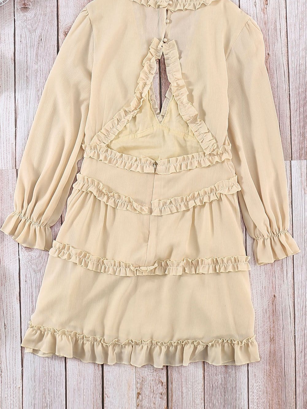 Elegant Beige Sheath Dress with V Neck Ruffle Detail and Open Back