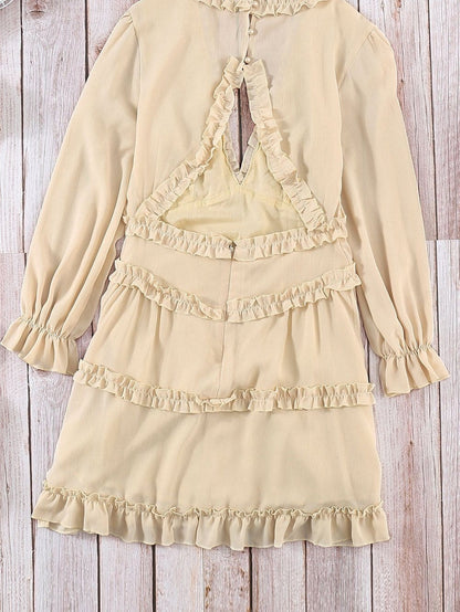 Elegant Beige Sheath Dress with V Neck Ruffle Detail and Open Back