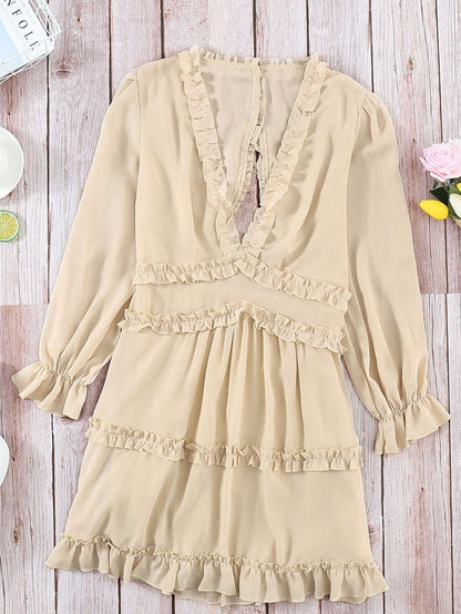 Elegant Beige Sheath Dress with V Neck Ruffle Detail and Open Back