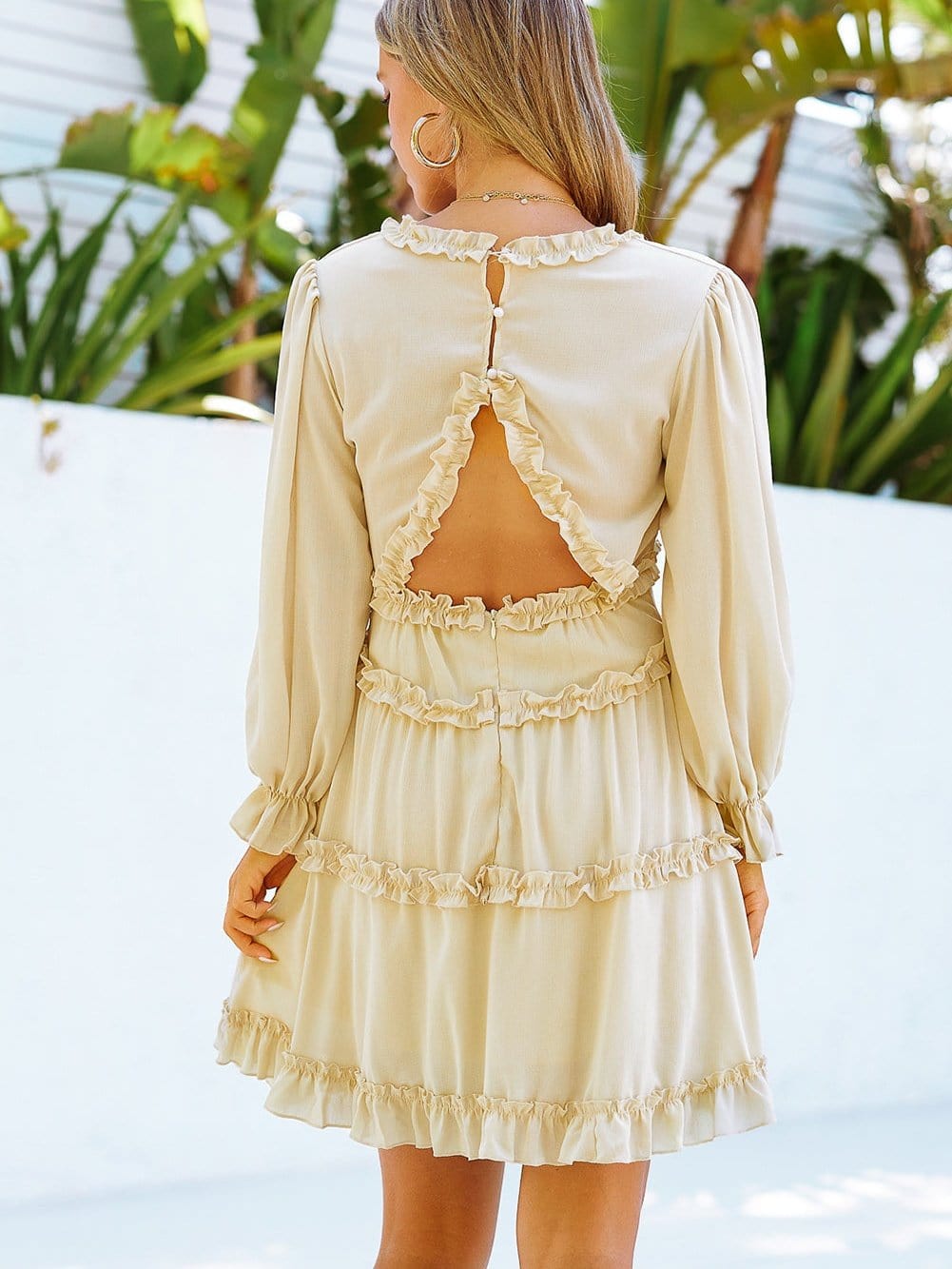 Elegant Beige Sheath Dress with V Neck Ruffle Detail and Open Back