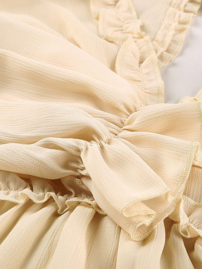 Elegant Beige Sheath Dress with V Neck Ruffle Detail and Open Back