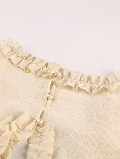 Elegant Beige Sheath Dress with V Neck Ruffle Detail and Open Back