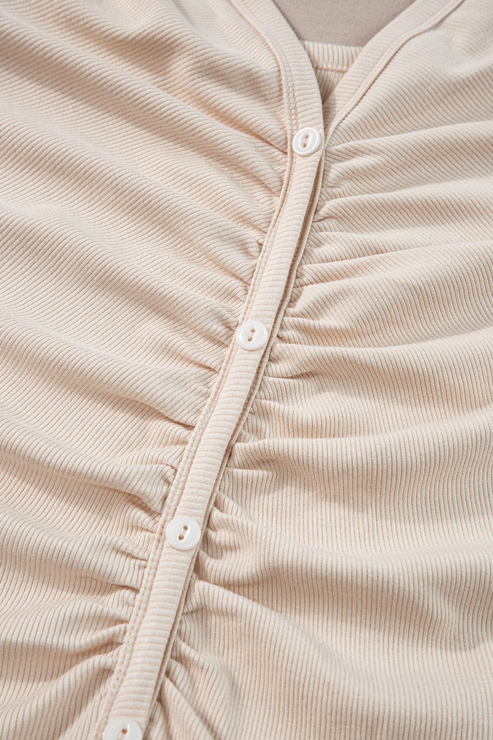 Elegant Beige V Neck Ruched Button-Up T-shirt Dress with Pleats