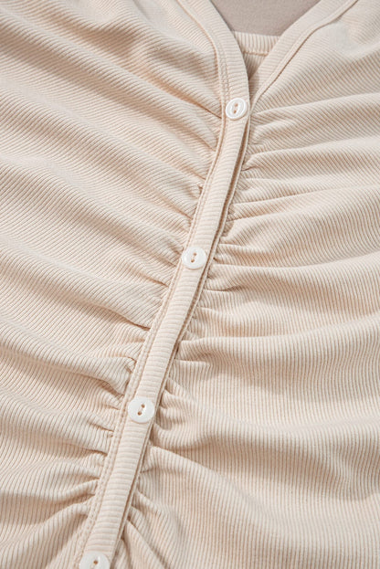 Elegant Beige V Neck Ruched Button-Up T-shirt Dress with Pleats