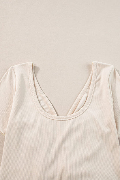 Elegant Beige V Neck Ruched Button-Up T-shirt Dress with Pleats