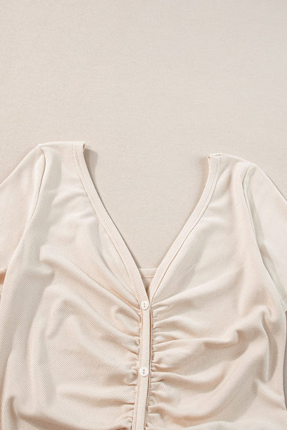 Elegant Beige V Neck Ruched Button-Up T-shirt Dress with Pleats