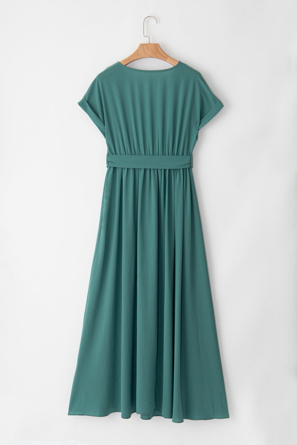 Elegant Black and Green V Neck Pleated Maxi Dress with Short Sleeves
