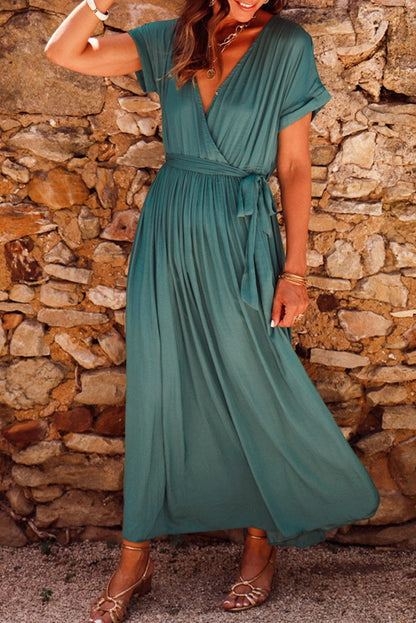 Elegant Black and Green V Neck Pleated Maxi Dress with Short Sleeves