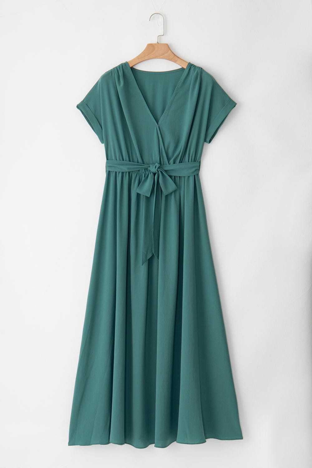 Elegant Black and Green V Neck Pleated Maxi Dress with Short Sleeves