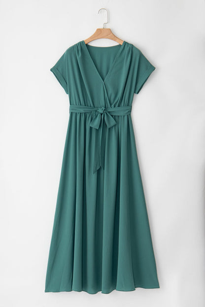 Elegant Black and Green V Neck Pleated Maxi Dress with Short Sleeves