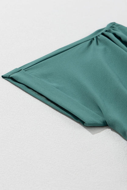 Elegant Black and Green V Neck Pleated Maxi Dress with Short Sleeves