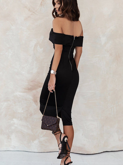 Elegant Black Bardot Midi Dress with V-Neck