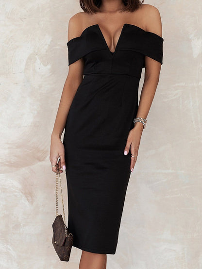 Elegant Black Bardot Midi Dress with V-Neck