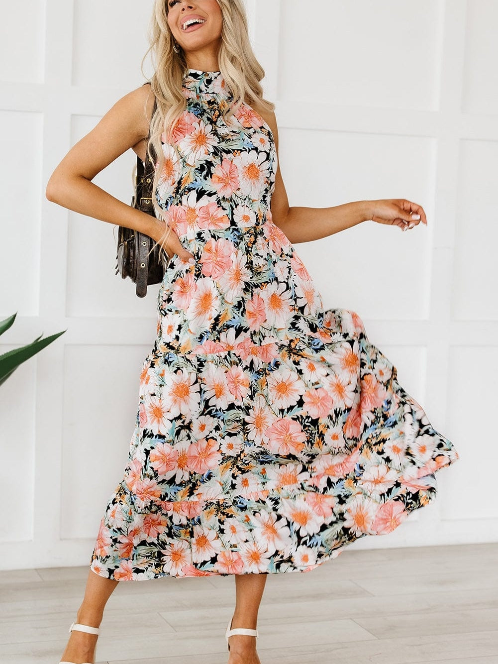 Elegant Black Boho Floral Halter Maxi Dress with Ruffled Details