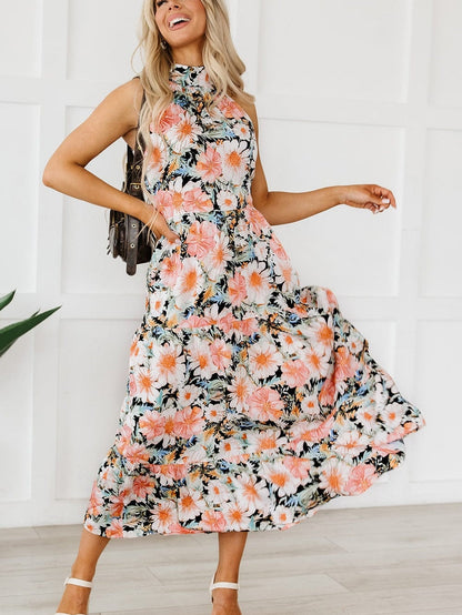 Elegant Black Boho Floral Halter Maxi Dress with Ruffled Details