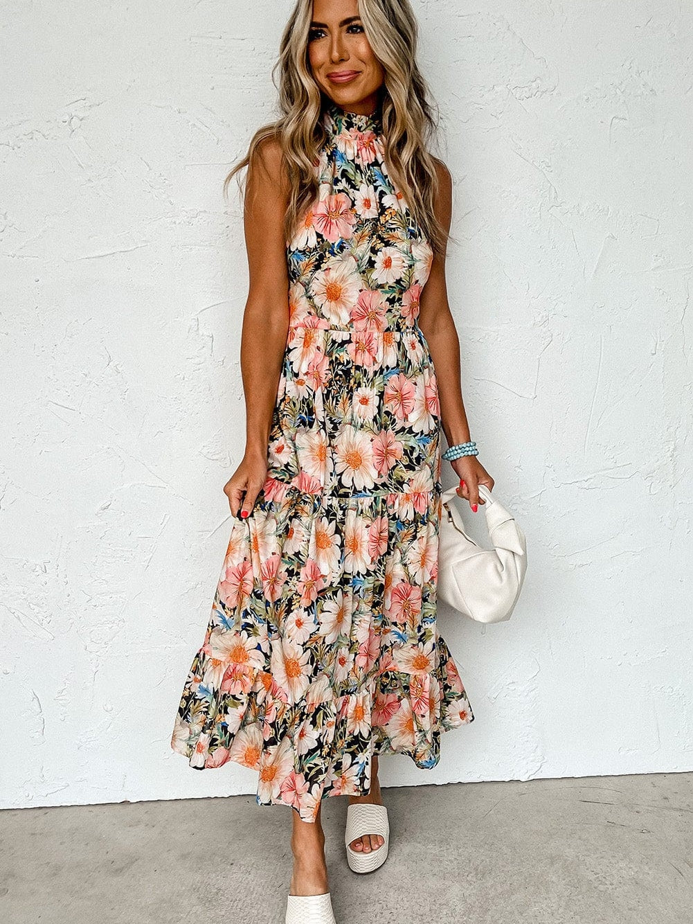 Elegant Black Boho Floral Halter Maxi Dress with Ruffled Details