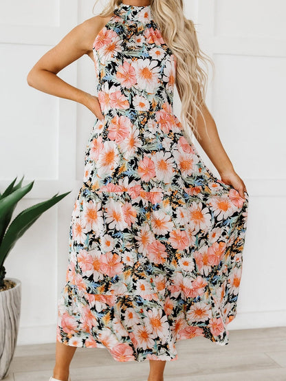Elegant Black Boho Floral Halter Maxi Dress with Ruffled Details