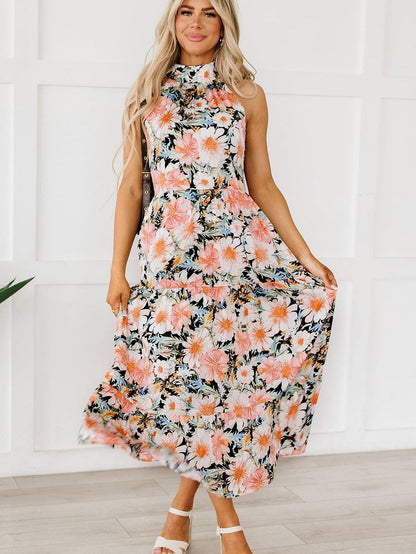Elegant Black Boho Floral Halter Maxi Dress with Ruffled Details