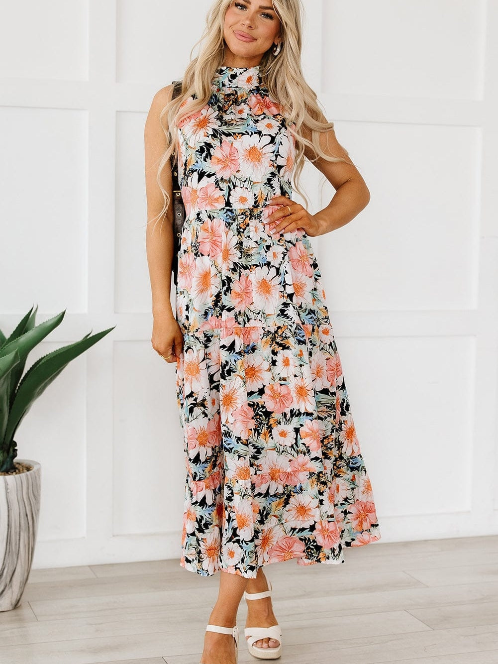 Elegant Black Boho Floral Halter Maxi Dress with Ruffled Details