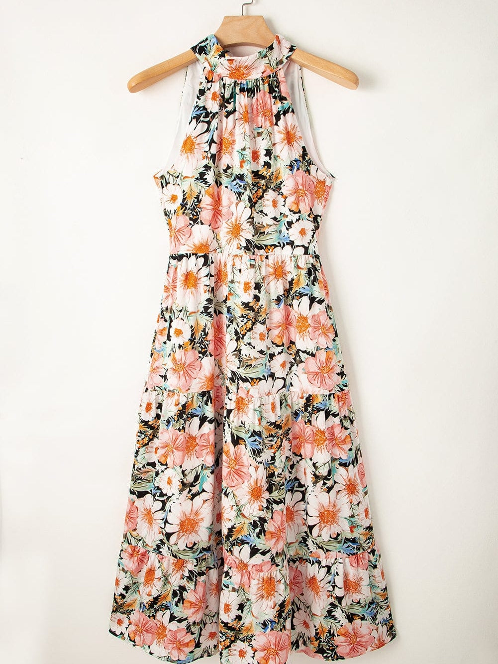 Elegant Black Boho Floral Halter Maxi Dress with Ruffled Details