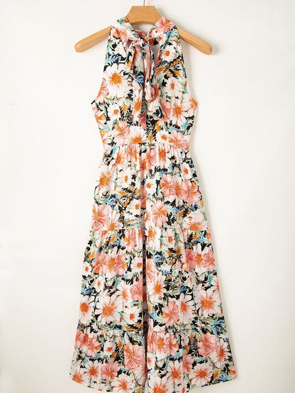 Elegant Black Boho Floral Halter Maxi Dress with Ruffled Details