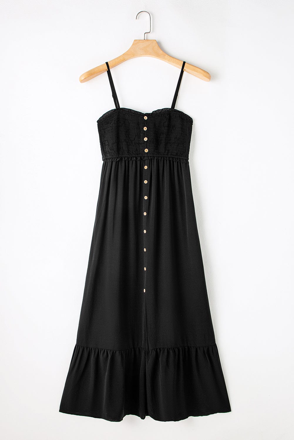 Elegant Black Buttoned Maxi Dress with Smocked Front Slit